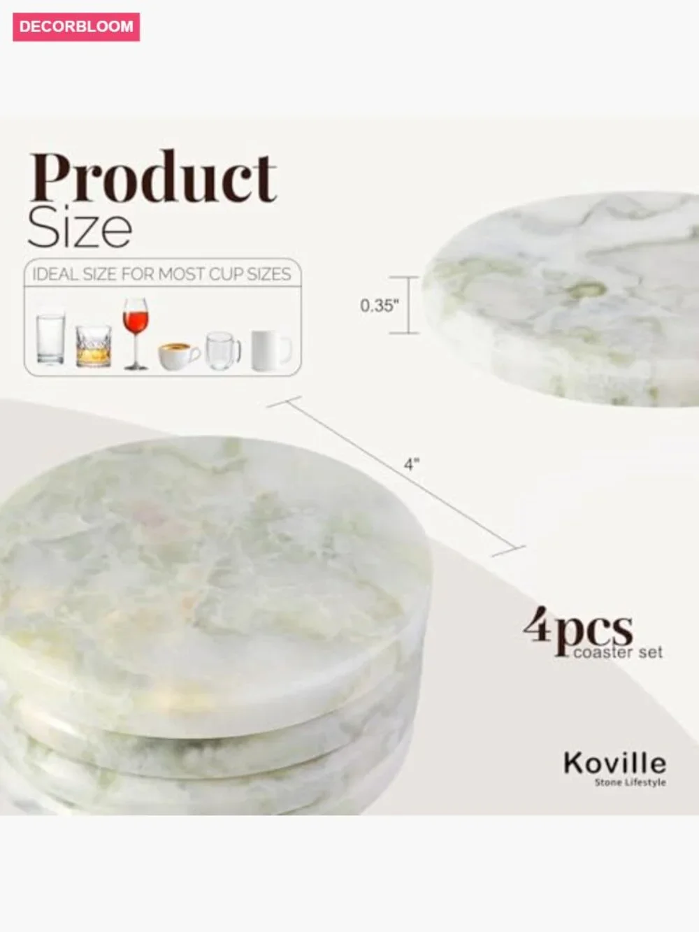 Natural Marble Coaster Set of 4, Round Heat Resistant for Drinks